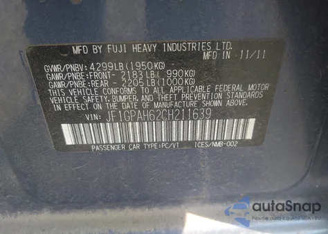 2012 Subaru Impreza 2.0I Limited from USA, damaged, VIN JF1GPAH62CH211639